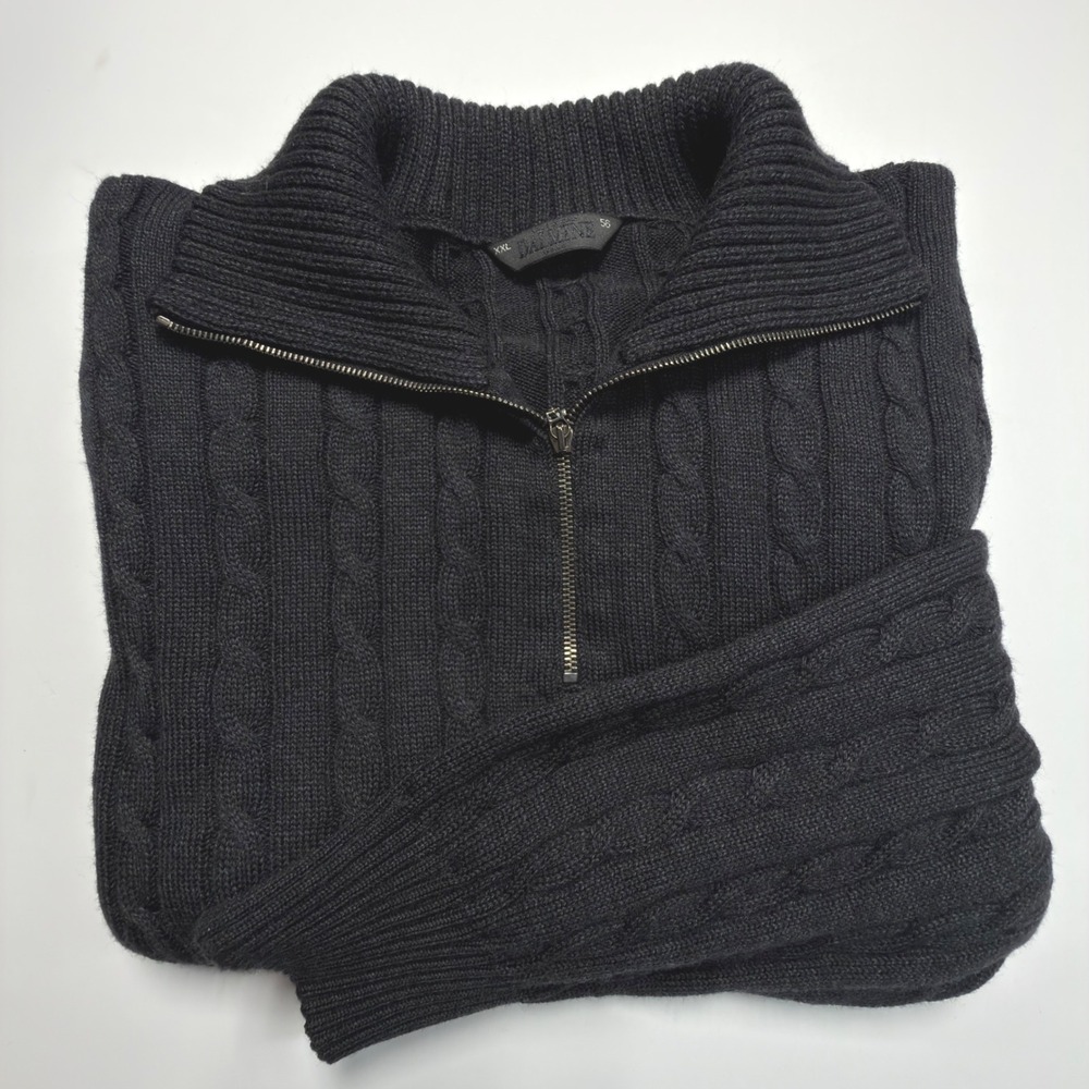 Dalmine Merino Wool Quarter Zip Cable Knit Sweater Black XL Made in Italy 56